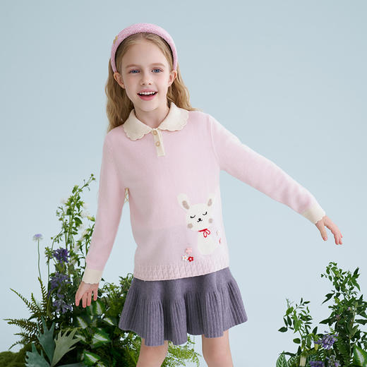 mettekids儿童100%羊绒衫2025春季新款女童粉色甜美翻领针织毛衣 商品图3