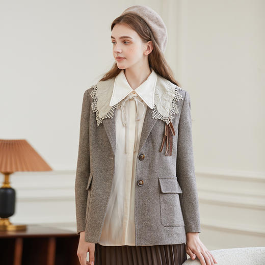 Famecoco范可儿羊毛职业西装女士秋季正肩直筒纯色小西服外套F225AW022 商品图0