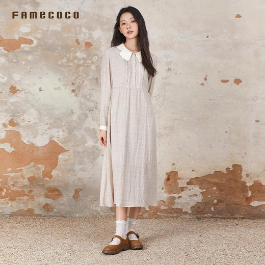 Famecoco文艺范连衣裙碎花撞色花边领高腰长裙春秋款FAB6FA021 商品图3