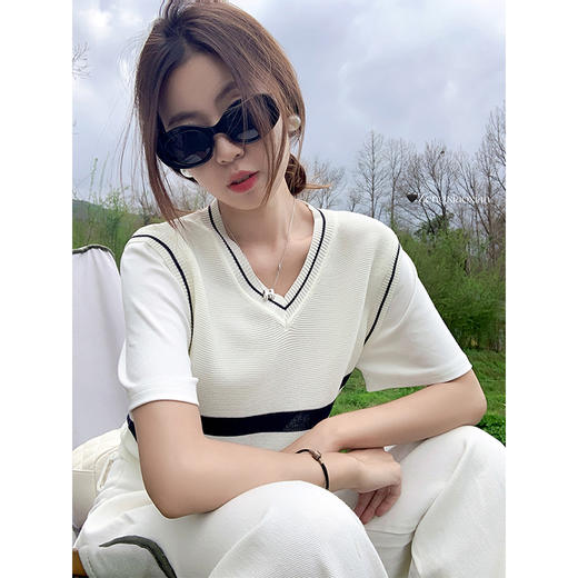 <曾小咸推荐>3.26现货秒杀 ！微信超特价！撞色条纹拼接假两件针织短袖 日常129.99 立减70 秒杀59.99！！ 商品图4
