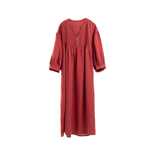 绽放101朵/红石榴连衣裙砂洗亚麻V领重工细塔克灯笼袖七分袖裙子 商品图3