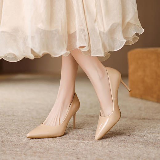 阿么手工女鞋时尚高级亮面高跟气质工作鞋女新款裸色高跟鞋8.5CM 商品图1