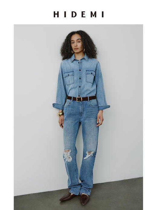 HIDEMI都市单宁系列多重水洗做旧感极简口袋设计感牛仔衬衫 商品图5