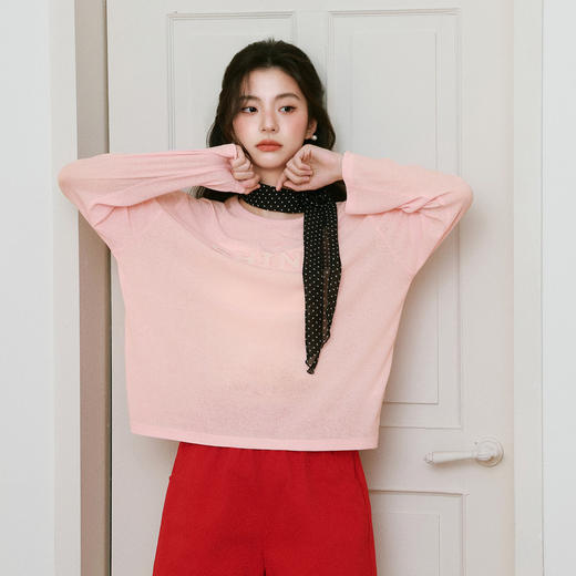 【严选】诗凡黎竹节丝镂空针织罩衫2025夏新款刺绣字母宽松薄款套头空调衫7G3100531 商品图4