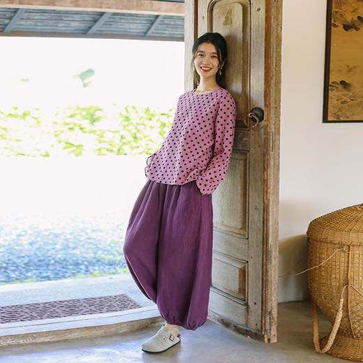 绽放099朵/小灯笼休闲裤春夏新款重磅皱纹砂洗亚麻灯笼裤文艺长裤 商品图3