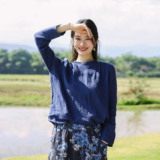绽放086朵/情书小衫高支皱纹亚麻文艺小圆领上衣塔克长袖防晒T恤 商品图4