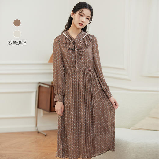 Famecoco荷叶领碎花温柔长袖高腰过膝连衣裙F225FA012 商品图0