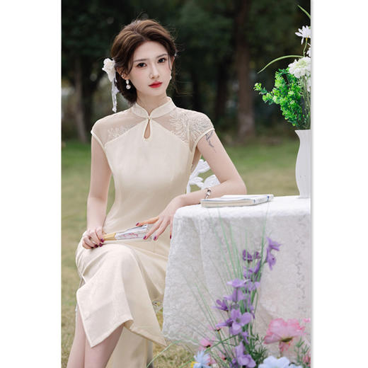 GX清纯素色长款提花连袖旗袍2025春夏新款复古国风年轻女士日常旗袍 商品图3