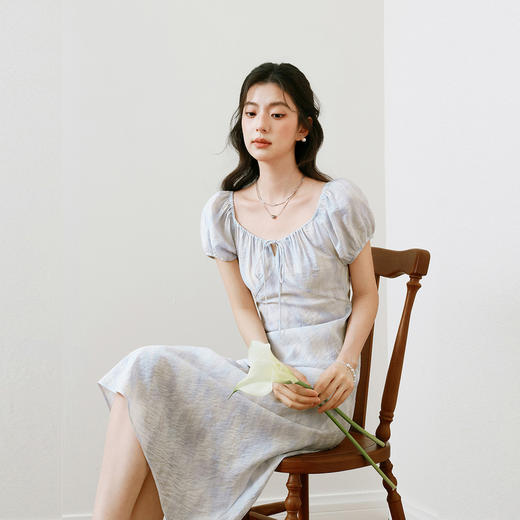 【严选】诗凡黎泡泡袖连衣裙2025春新款莫奈裙收腰欧若风度假绝美长裙7G3290721 商品图0