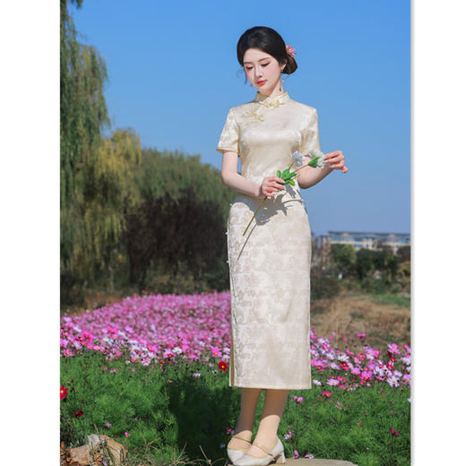 GX香槟色提花旗袍新款2025气质少女小个子年轻款新中式国风连衣裙女 商品图2