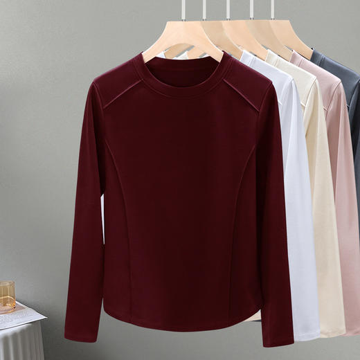 丁摩 圆领丝光棉长袖T恤女春秋季新款圆弧下摆内搭打底收腰修身上衣5ZF-6811 商品图6