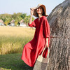绽放101朵/红石榴连衣裙砂洗亚麻V领重工细塔克灯笼袖七分袖裙子 商品缩略图0