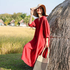 绽放101朵/红石榴连衣裙砂洗亚麻V领重工细塔克灯笼袖七分袖裙子