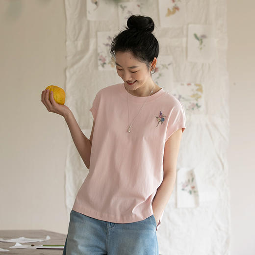 牧衣游原创 手钩花纯棉T恤夏季新品宽松文艺圆领无袖上衣 弦歌 商品图0