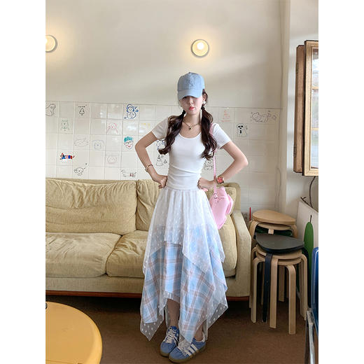 <曾小咸推荐>不规则蕾丝拼接格子半身裙 商品图3