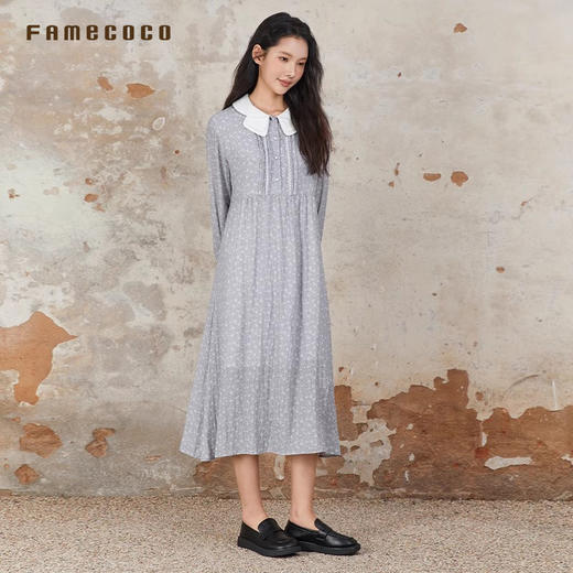 Famecoco文艺范连衣裙碎花撞色花边领高腰长裙春秋款FAB6FA021 商品图1
