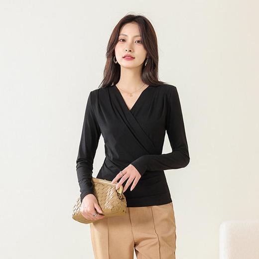 丁摩 桑蚕丝罗纹长袖T恤女交叉领打底衫JSY180065 商品图9