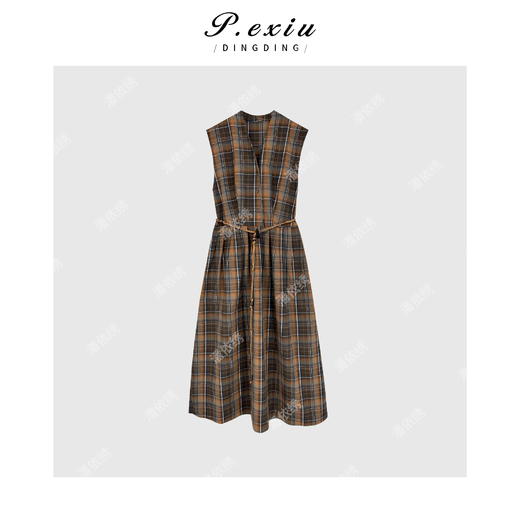 04-1潘依绣丁丁宠粉法式优雅格纹V领背心连衣裙 W-62935 商品图0
