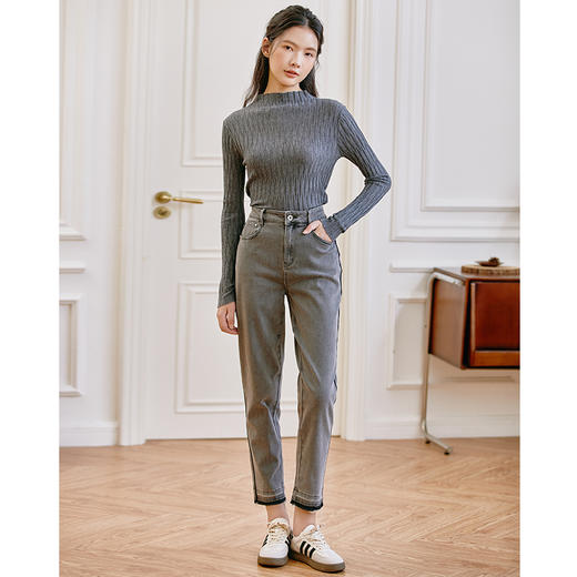 Famecoco范可儿原创水洗做旧浅色牛仔裤女款秋季新品撞色长裤F225GA017 商品图4