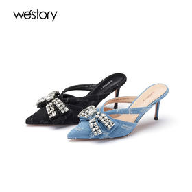 westory夏季牛仔布优雅尖头细跟凉鞋拖鞋女56001