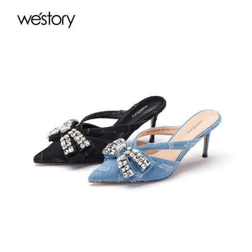 westory夏季牛仔布优雅尖头细跟凉鞋拖鞋女56001 商品图0