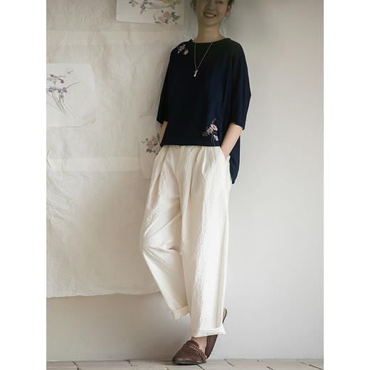 牧衣游原创 棉净色宽松长裤夏季宽松显瘦纯色文艺百搭休闲裤 余花 商品图3