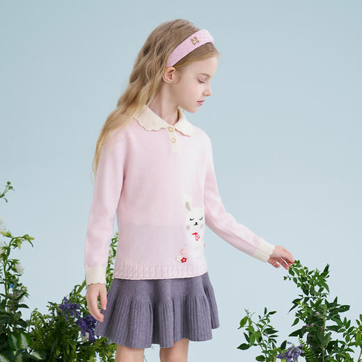 mettekids儿童100%羊绒衫2025春季新款女童粉色甜美翻领针织毛衣 商品图2