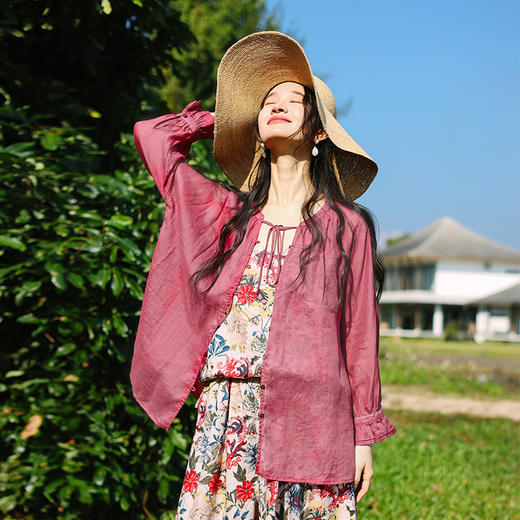 绽放旅行女装131朵/自由人防晒衫纯苎麻轻薄飘逸透气百搭长袖衬衫 商品图0