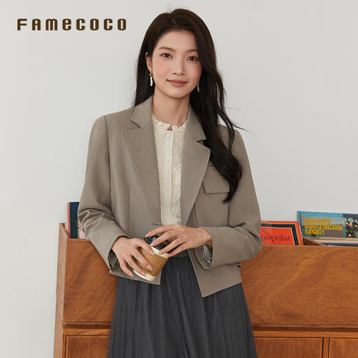 Famecoco文艺范西装外套纯色短款拼接设计职业风春秋款FAB6AW010 商品图2