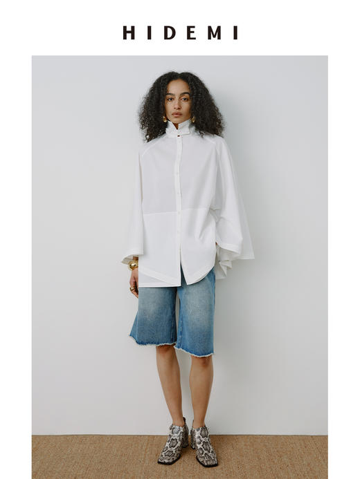 HIDEMI甄选长绒棉极简设计感飘领可立领斗篷式口袋8分袖衬衫上衣 商品图7