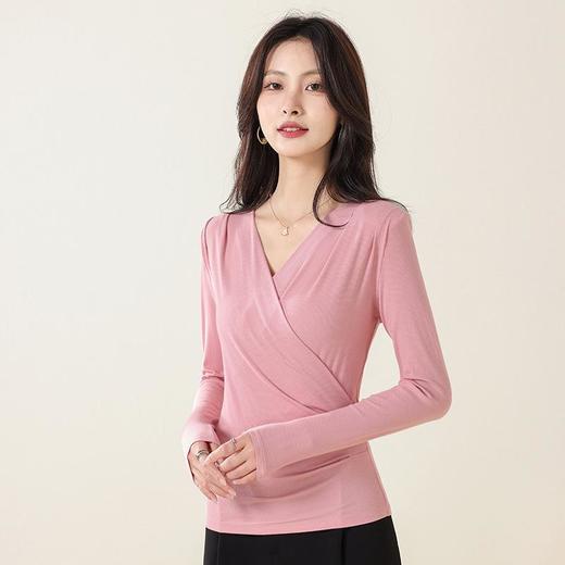 丁摩 桑蚕丝罗纹长袖T恤女交叉领打底衫JSY180065 商品图8