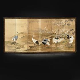 【已售】独角鹿西洋古董 19世纪日本明治时代琳派大师山本光一签名出品「竹樱七鹤」主题纸本设色洒金六曲屏风