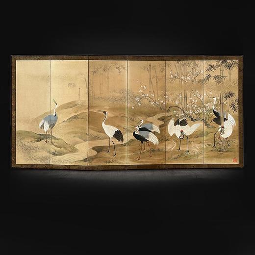 【已售】独角鹿西洋古董 19世纪日本明治时代琳派大师山本光一签名出品「竹樱七鹤」主题纸本设色洒金六曲屏风 商品图0