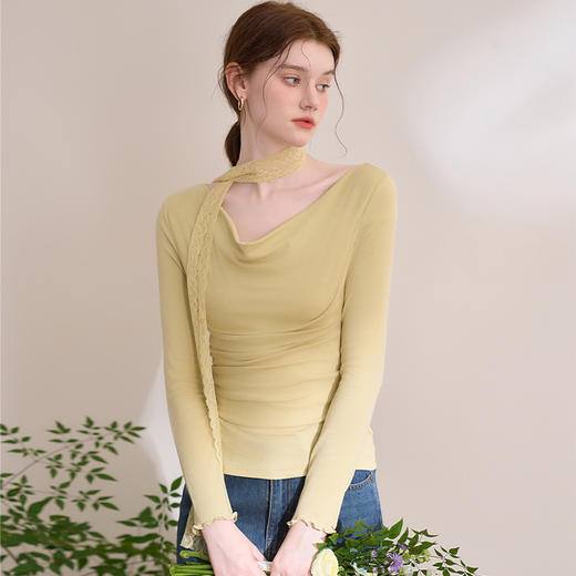 简约气质高级感荡领T恤女弹力修身上衣搭饰带V0050376 商品图4