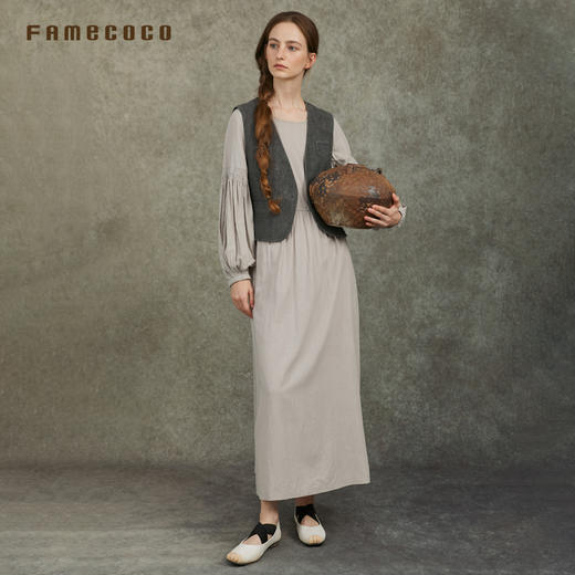 Famecoco文艺范儿深V领设计立体裁剪棉麻百搭马甲春FAC6CA012 商品图4
