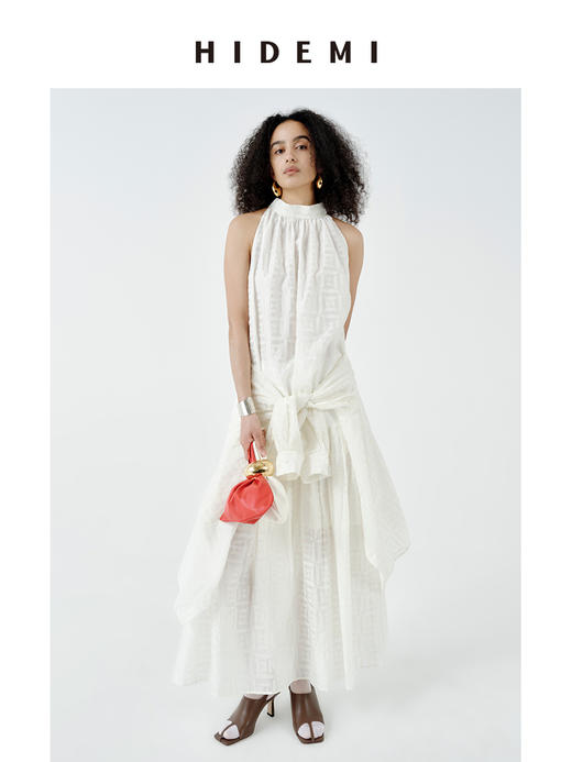 HIDEMI经典几何印花白色植绒复古剪刀领宽松衬衫背心百褶裙三件套 商品图4