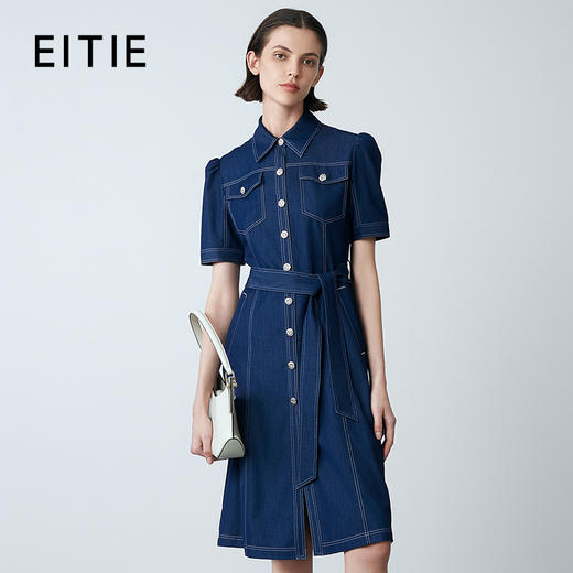 EITIE爱特爱夏季新款衬衫领复古文艺显瘦修身a字系带牛仔连衣裙7807509 商品图0