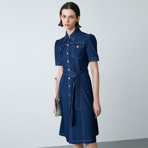 EITIE爱特爱夏季新款衬衫领复古文艺显瘦修身a字系带牛仔连衣裙7807509 商品图3