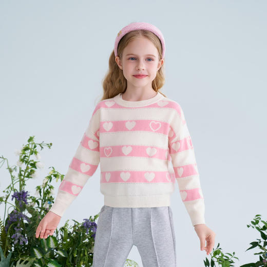 mettekids儿童100%羊绒衫2025春季新款女童条纹爱心毛衣针织童装 商品图3
