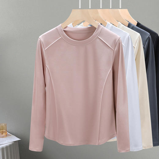 丁摩 圆领丝光棉长袖T恤女春秋季新款圆弧下摆内搭打底收腰修身上衣5ZF-6811 商品图2