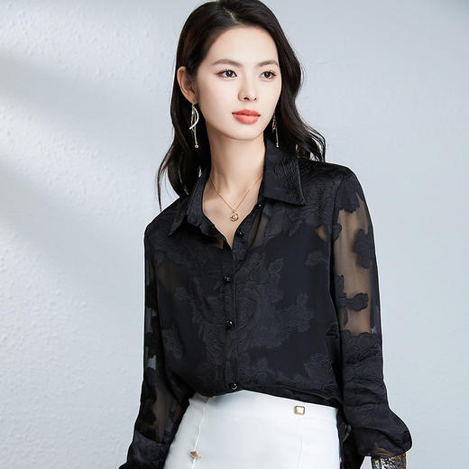 丁摩 衬衫女夏桑蚕丝女装高级感气质通勤透视洋气真丝女士衬衣5ZF-3175 商品图3