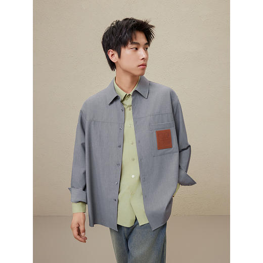 GXG男装 灰色翻领长袖衬衫压印OGO舒适 24年秋季热卖#G24D033041 商品图4