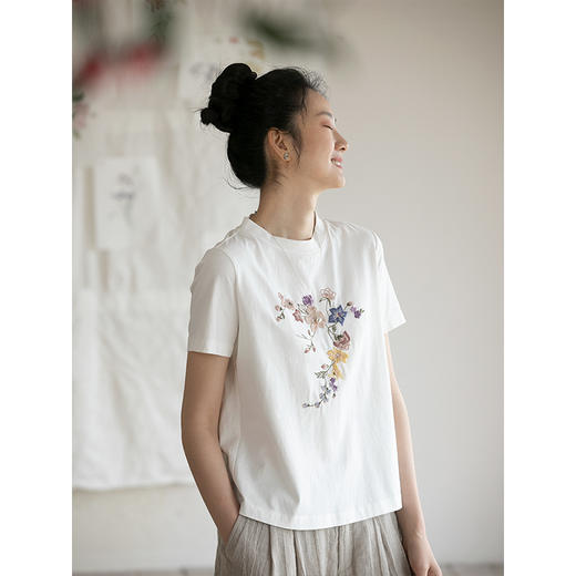 牧衣游原创 机绣纯棉T恤女夏新品舒适亲肤百搭简约圆领短袖 北初 商品图3