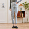 Famecoco范可儿原创水洗做旧浅色牛仔裤女款秋季新品撞色长裤F225GA017 商品缩略图0