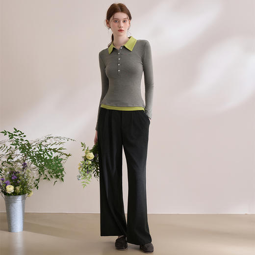 设计感纯欲翻领撞色假两件T恤女2025高弹修身上衣V0050370 商品图1