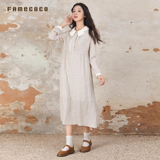 Famecoco文艺范连衣裙碎花撞色花边领高腰长裙春秋款FAB6FA021 商品图2