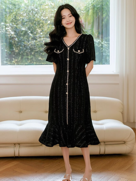 奢姿2025夏季新款大码女装法式V领气质裙子胖妹妹优雅鱼尾连衣裙9942863008