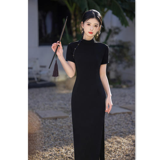 GX纯黑色改良新中式长款短袖旗袍2025春夏新款时尚大气日常可穿旗袍 商品图0