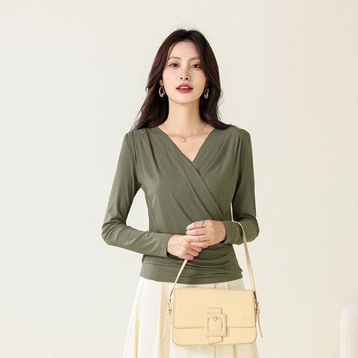 丁摩 桑蚕丝罗纹长袖T恤女交叉领打底衫JSY180065 商品图7