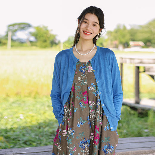 * 绽放087朵/元气针织衫亚麻棉圆领开门襟长袖短款防晒薄毛织开衫 商品图1